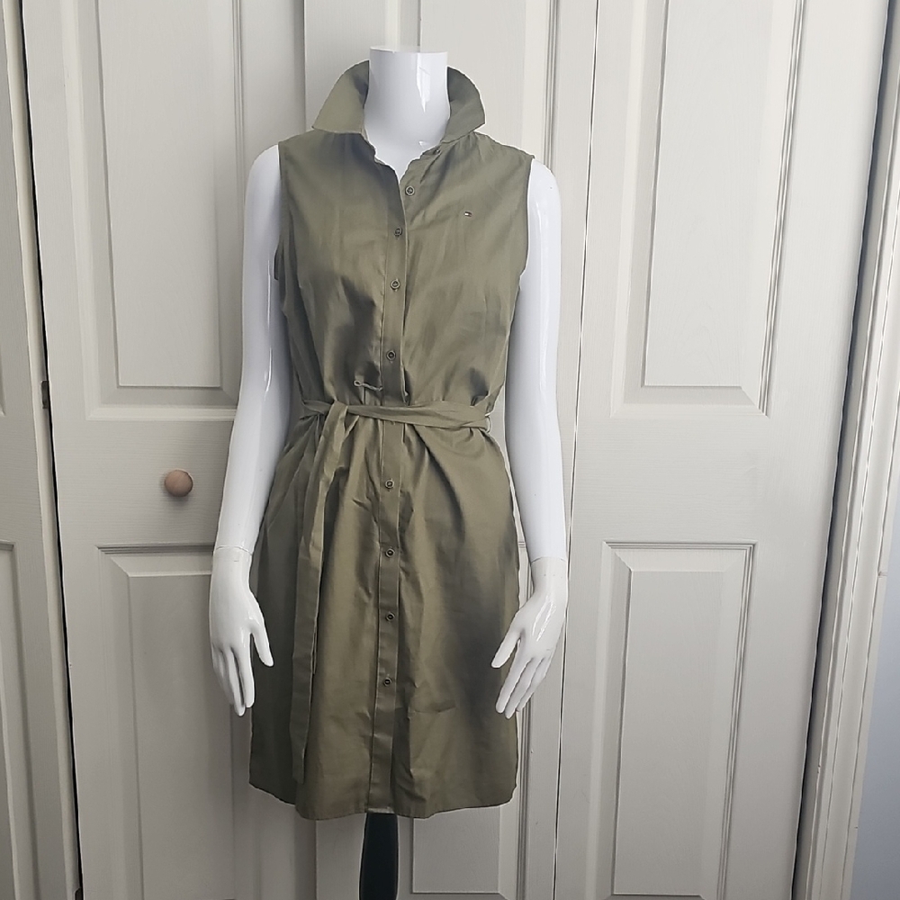 Tommy Hilfiger Olive Green Sleeveless Shirt Dress with Belt.  #0458